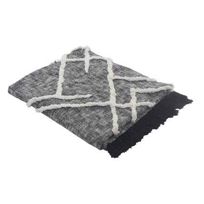 Charcoal and Off White Geometric King Cotton Coverlet With Fringe HomeRoots