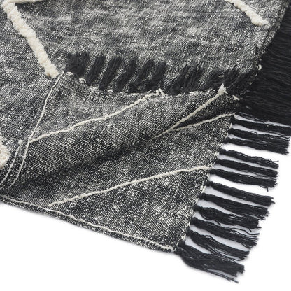 Charcoal and Off White Geometric King Cotton Coverlet With Fringe HomeRoots