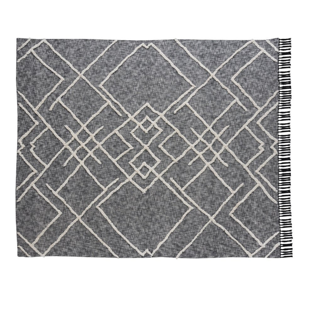 Charcoal and Off White Geometric King Cotton Coverlet With Fringe HomeRoots