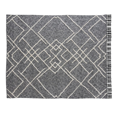Charcoal and Off White Geometric King Cotton Coverlet With Fringe HomeRoots