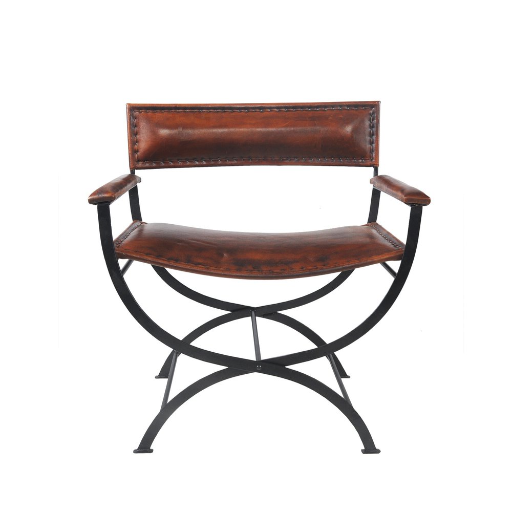 29" Brown and Black Metal And Genuine Leather Director's Chair HomeRoots