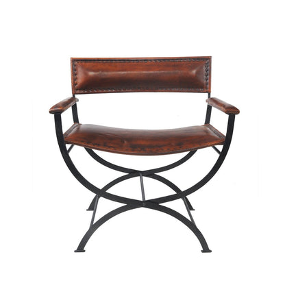 29" Brown and Black Metal And Genuine Leather Director's Chair HomeRoots
