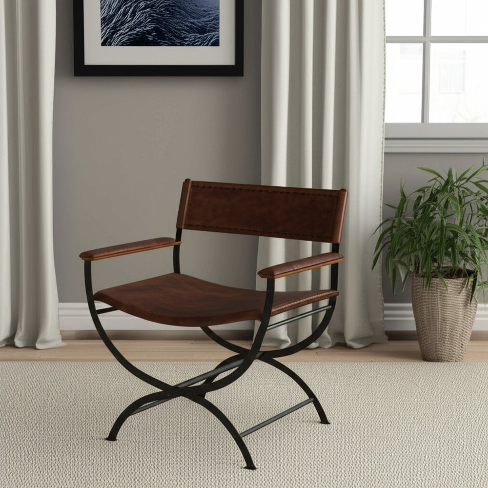 29" Brown and Black Metal And Genuine Leather Director's Chair HomeRoots