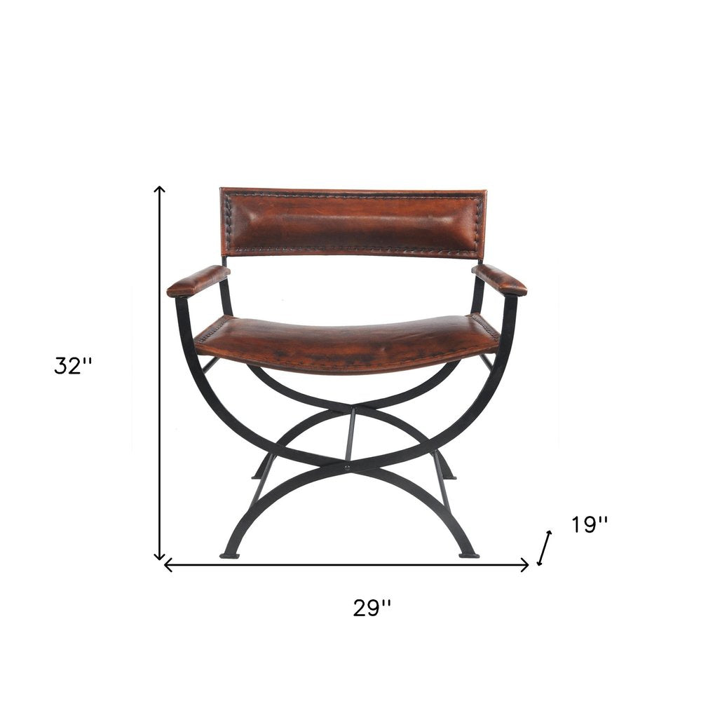 29" Brown and Black Metal And Genuine Leather Director's Chair HomeRoots