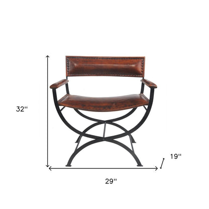 29" Brown and Black Metal And Genuine Leather Director's Chair HomeRoots