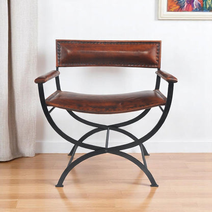 29" Brown and Black Metal And Genuine Leather Director's Chair HomeRoots