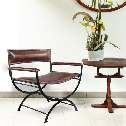29" Brown and Black Metal And Genuine Leather Director's Chair HomeRoots