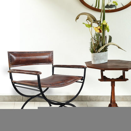 29" Brown and Black Metal And Genuine Leather Director's Chair HomeRoots