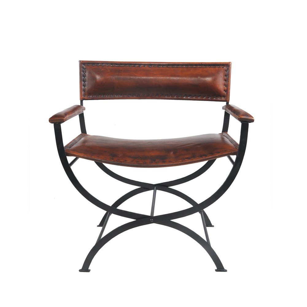 29" Brown and Black Metal And Genuine Leather Director's Chair HomeRoots