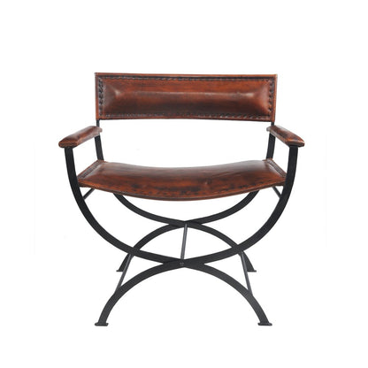 29" Brown and Black Metal And Genuine Leather Director's Chair HomeRoots