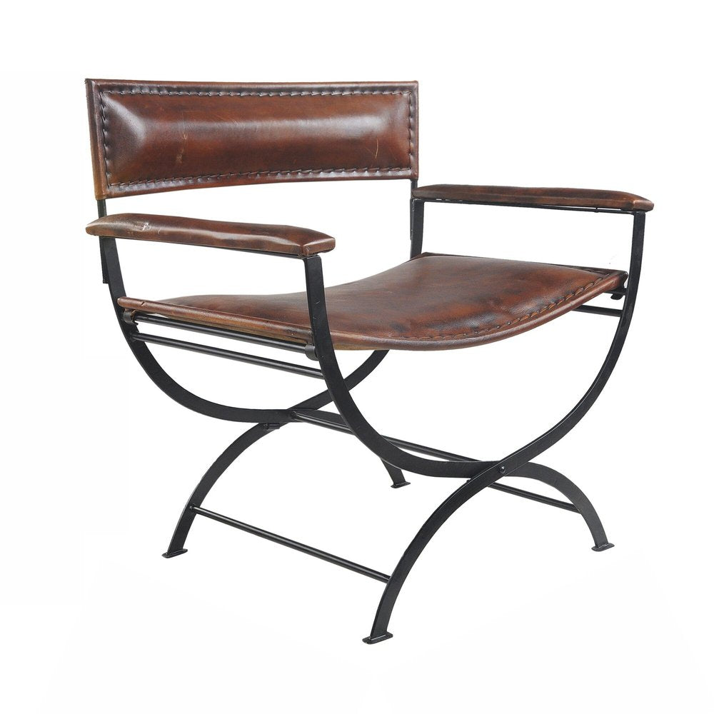 29" Brown and Black Metal And Genuine Leather Director's Chair HomeRoots