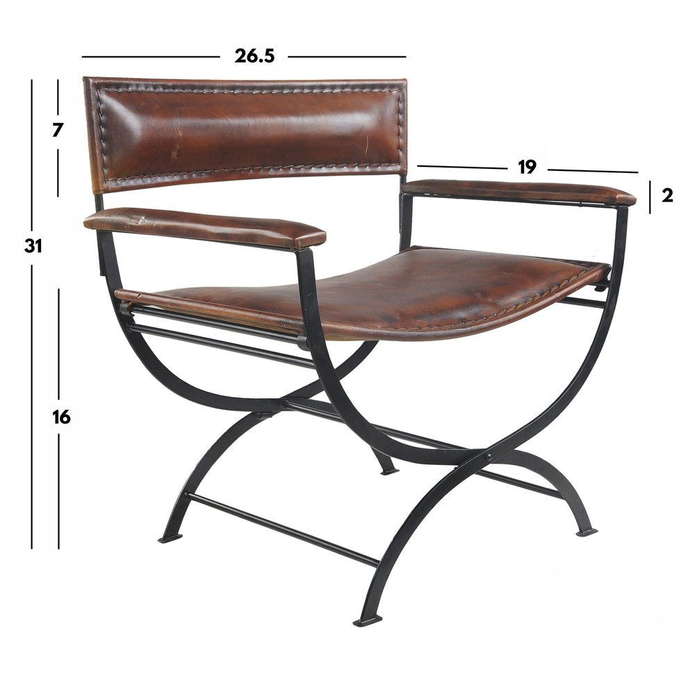 29" Brown and Black Metal And Genuine Leather Director's Chair HomeRoots