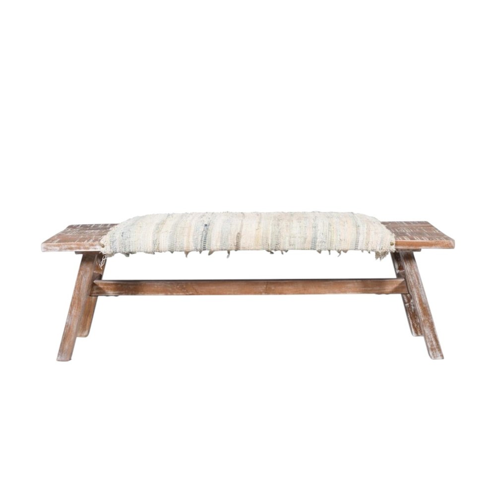 50" White and Brown Cotton Upholstered Striped Bench HomeRoots