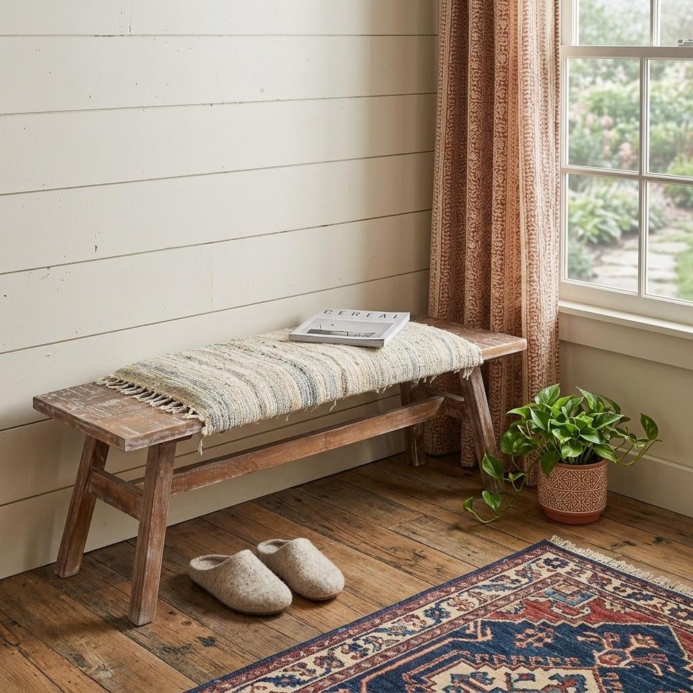 50" White and Brown Cotton Upholstered Striped Bench HomeRoots