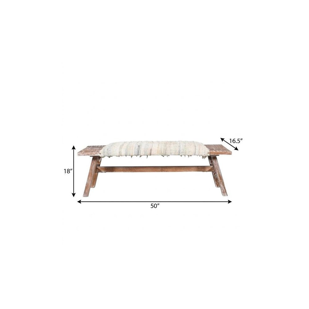 50" White and Brown Cotton Upholstered Striped Bench HomeRoots