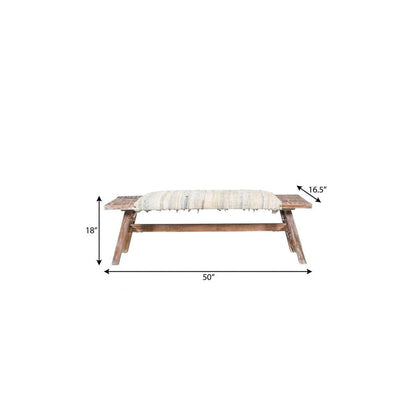 50" White and Brown Cotton Upholstered Striped Bench HomeRoots