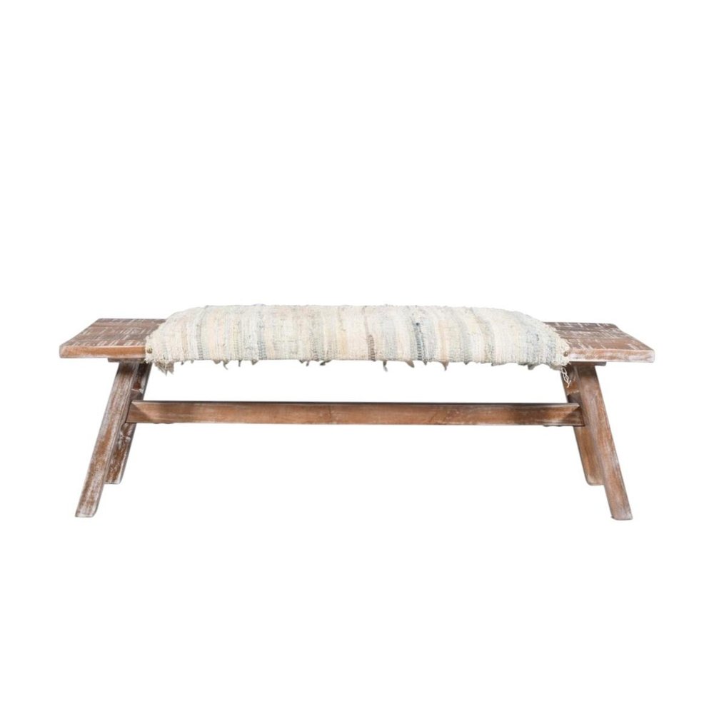 50" White and Brown Cotton Upholstered Striped Bench HomeRoots