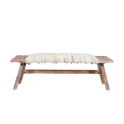 50" White and Brown Cotton Upholstered Striped Bench HomeRoots