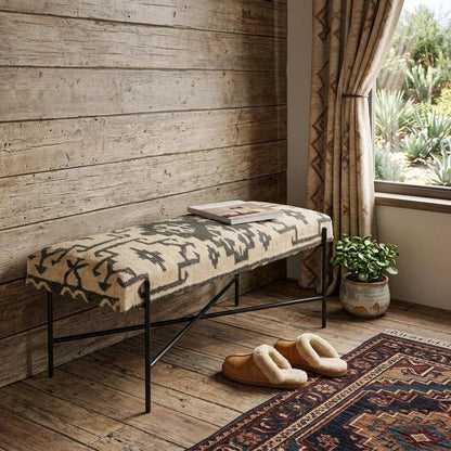 48" Cream and Black Cotton Blend Upholstered Southwest Bench HomeRoots