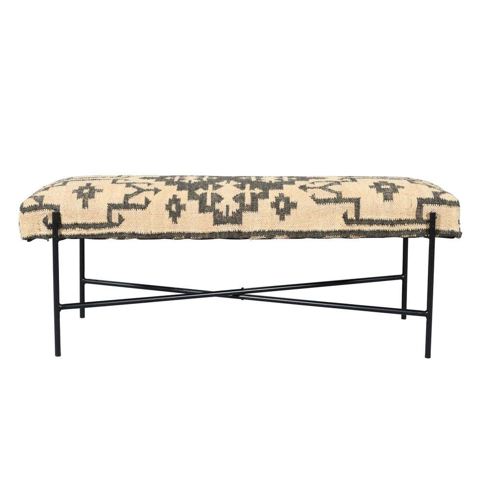 48" Cream and Black Cotton Blend Upholstered Southwest Bench HomeRoots