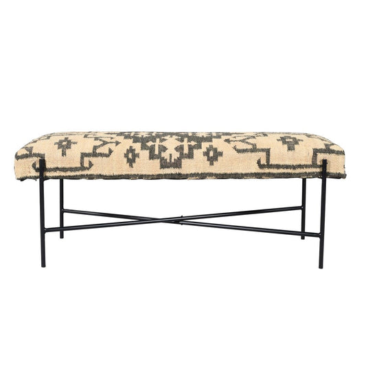 48" Cream and Black Cotton Blend Upholstered Southwest Bench HomeRoots