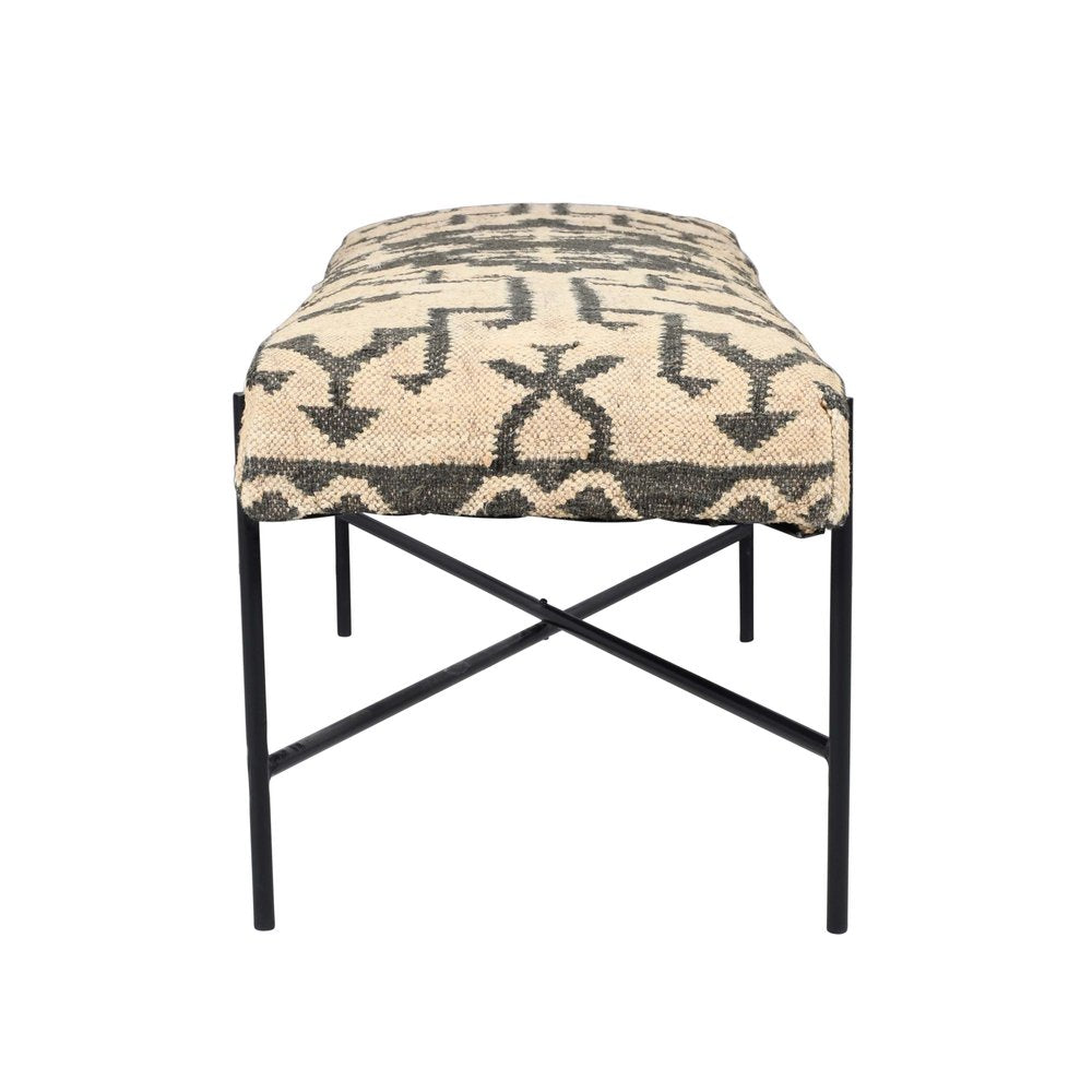 48" Cream and Black Cotton Blend Upholstered Southwest Bench HomeRoots
