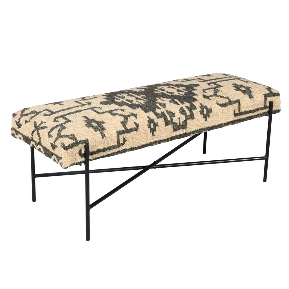48" Cream and Black Cotton Blend Upholstered Southwest Bench HomeRoots