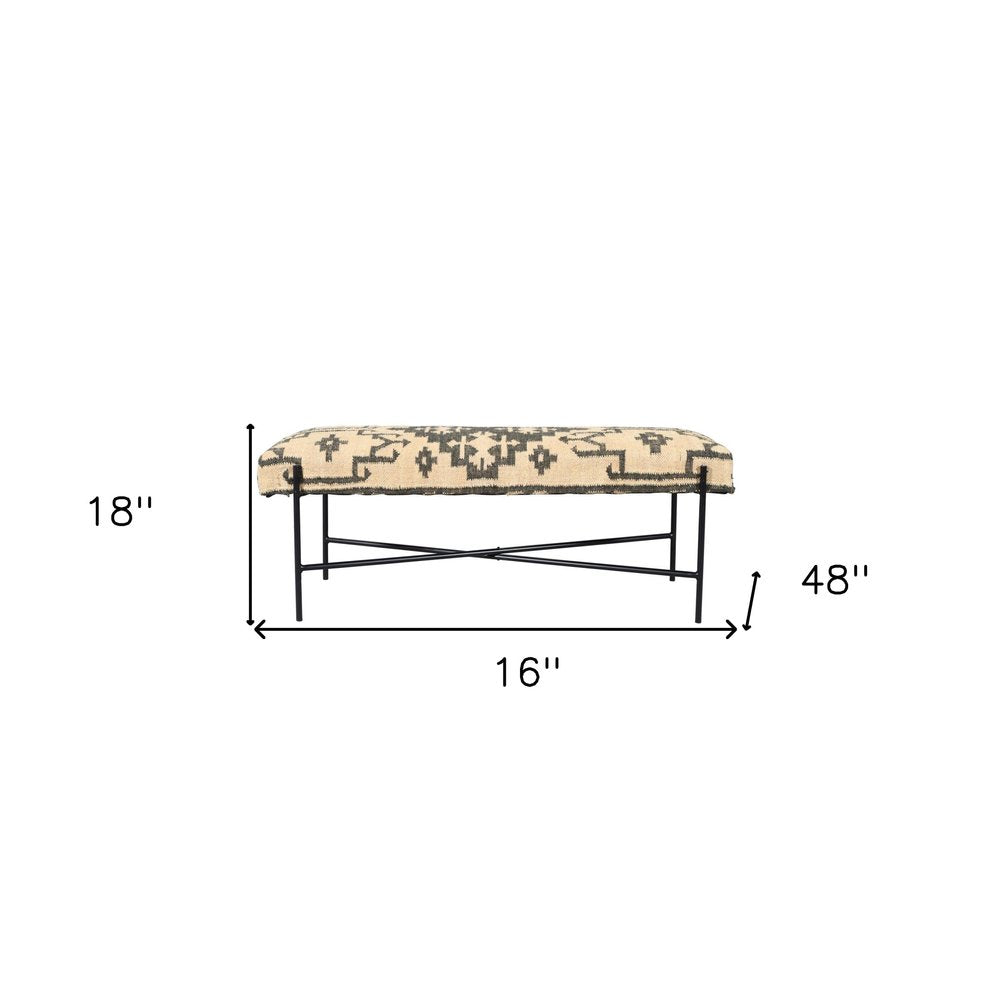 48" Cream and Black Cotton Blend Upholstered Southwest Bench HomeRoots