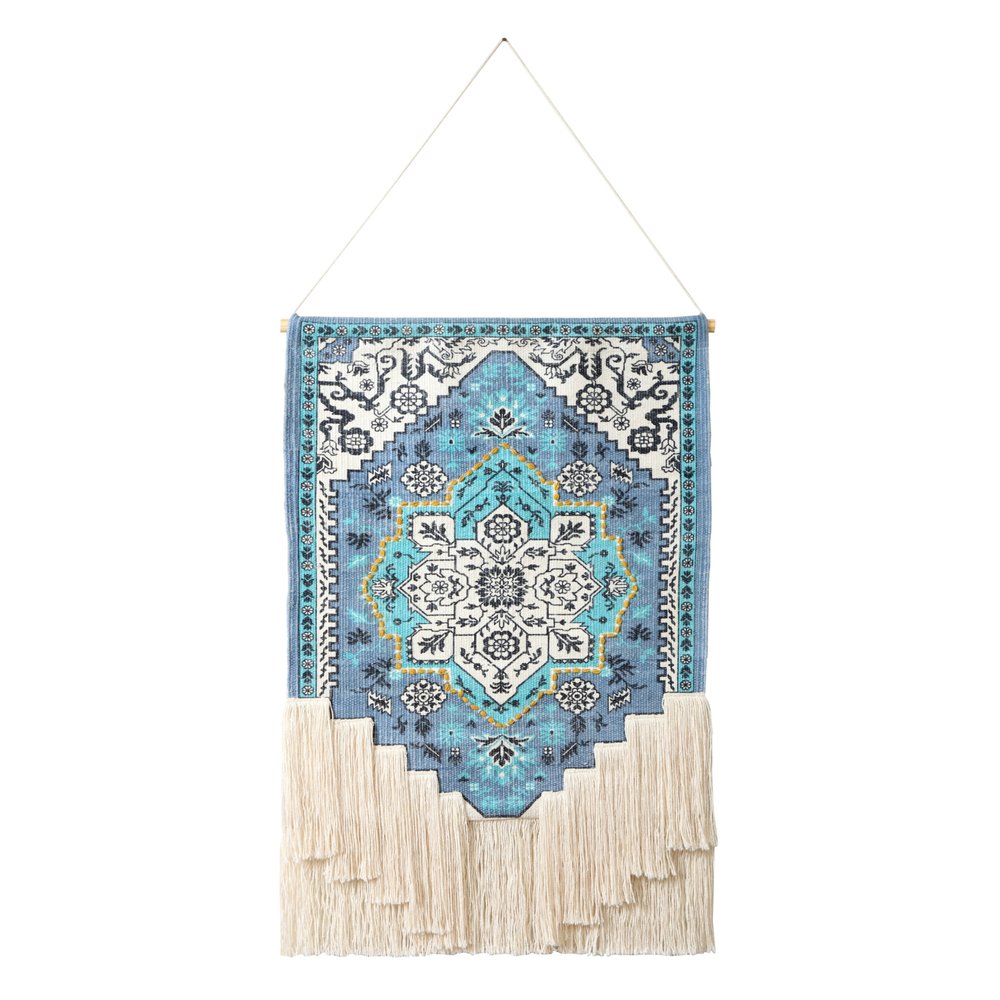 45" X 26" Blue Aqua And Ivory Flower Floral Cotton Macrame Hanging Tapestry — view 1