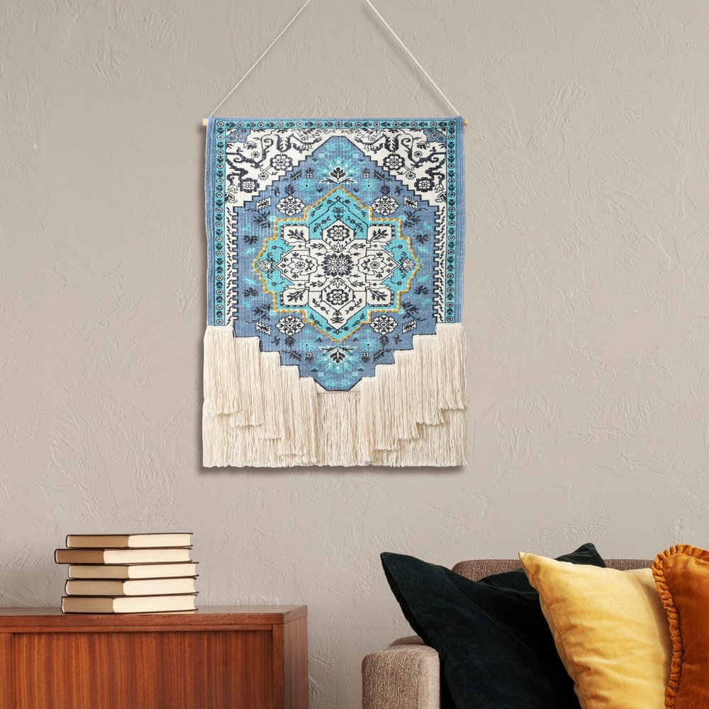 45" X 26" Blue Aqua And Ivory Flower Floral Cotton Macrame Hanging Tapestry — view 2