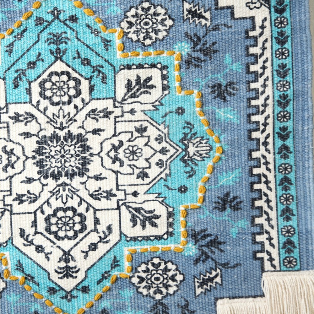 45" X 26" Blue Aqua And Ivory Flower Floral Cotton Macrame Hanging Tapestry — view 3