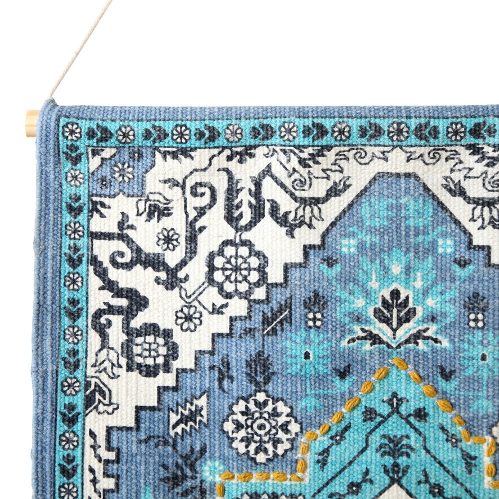 45" X 26" Blue Aqua And Ivory Flower Floral Cotton Macrame Hanging Tapestry — view 4