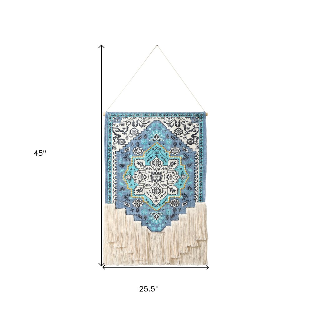 45" X 26" Blue Aqua And Ivory Flower Floral Cotton Macrame Hanging Tapestry — view 5