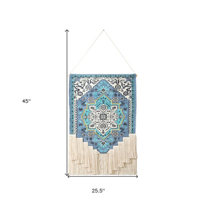 45" X 26" Blue Aqua And Ivory Flower Floral Cotton Macrame Hanging Tapestry