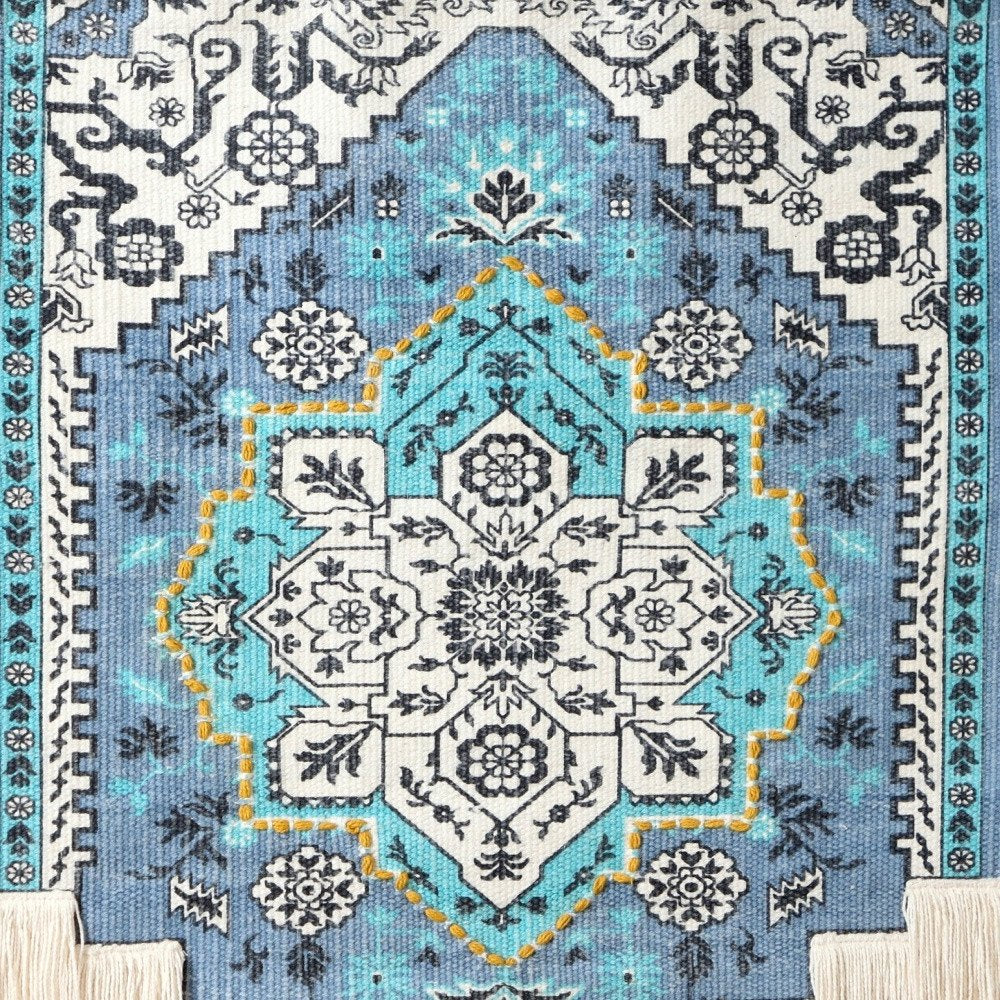 45" X 26" Blue Aqua And Ivory Flower Floral Cotton Macrame Hanging Tapestry — view 7