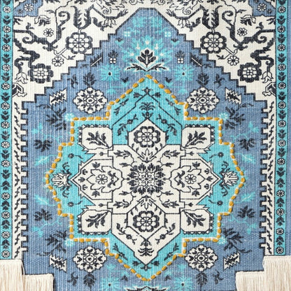 45" X 26" Blue Aqua And Ivory Flower Floral Cotton Macrame Hanging Tapestry