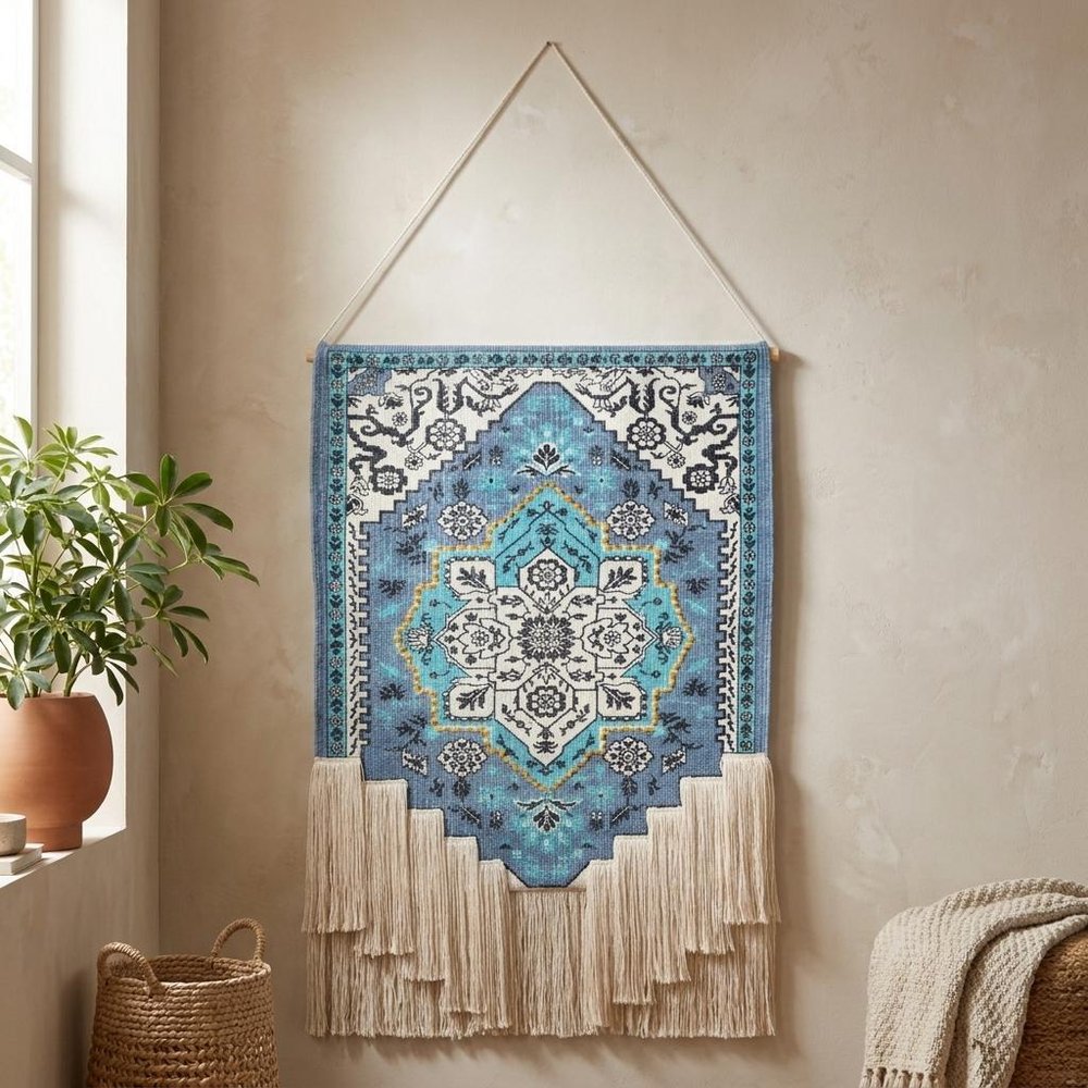 45" X 26" Blue Aqua And Ivory Flower Floral Cotton Macrame Hanging Tapestry — view 8