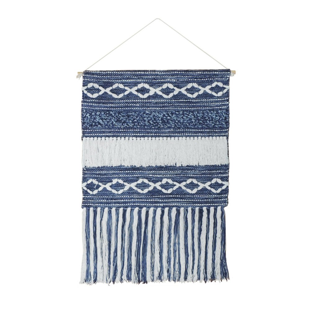 26" X 51" Denim Blue And White Geometric Cotton Macrame Hanging Tapestry — view 1