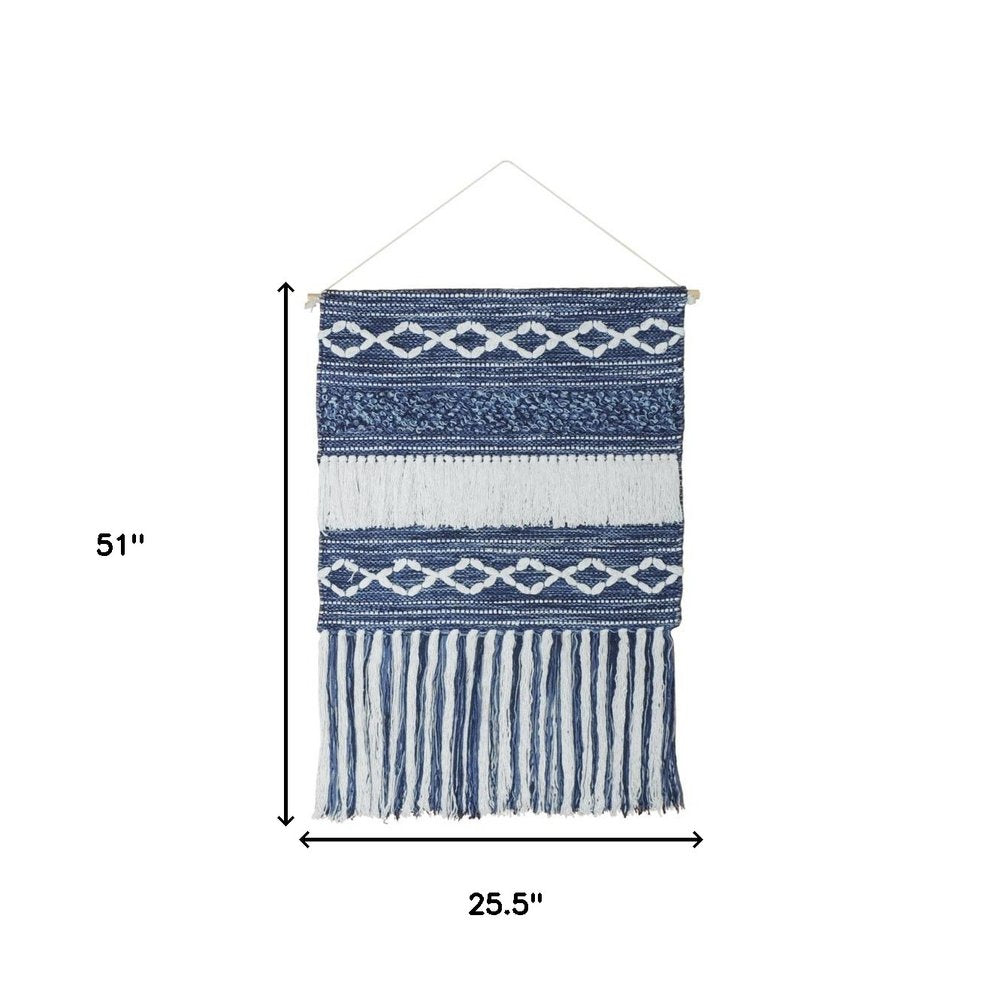 26" X 51" Denim Blue And White Geometric Cotton Macrame Hanging Tapestry — view 5