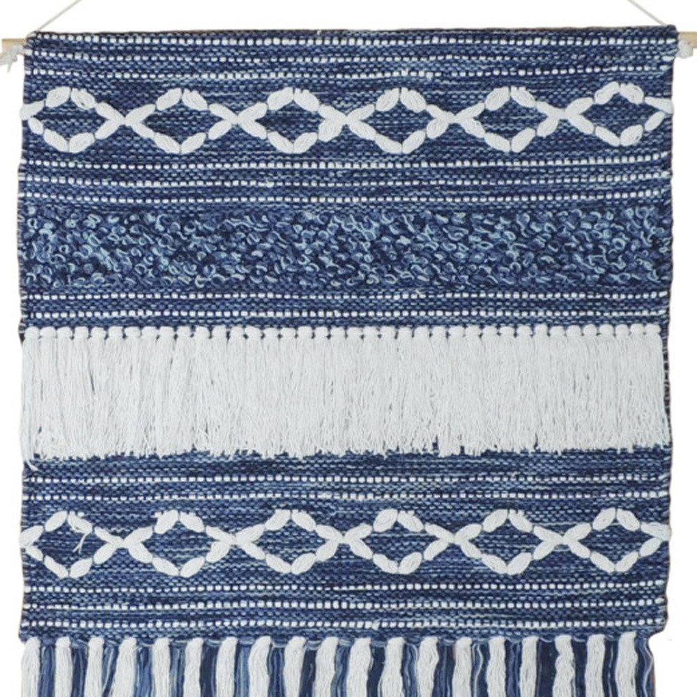 26" X 51" Denim Blue And White Geometric Cotton Macrame Hanging Tapestry — view 7