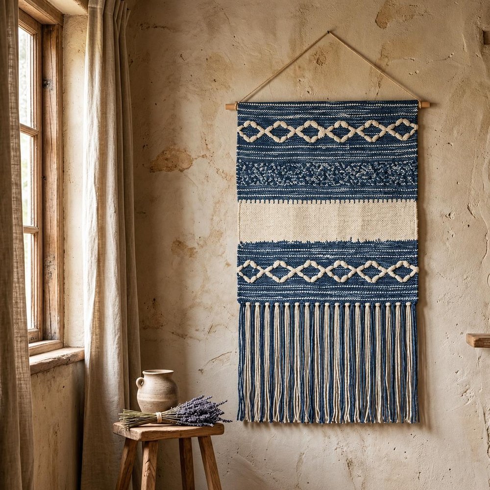 26" X 51" Denim Blue And White Geometric Cotton Macrame Hanging Tapestry
