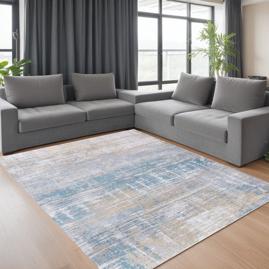 7' X 9' Blue and Yellow Abstract Non Skid Area Rug - 72.0" (H) x 108.0" (W) x 0.12" (D)