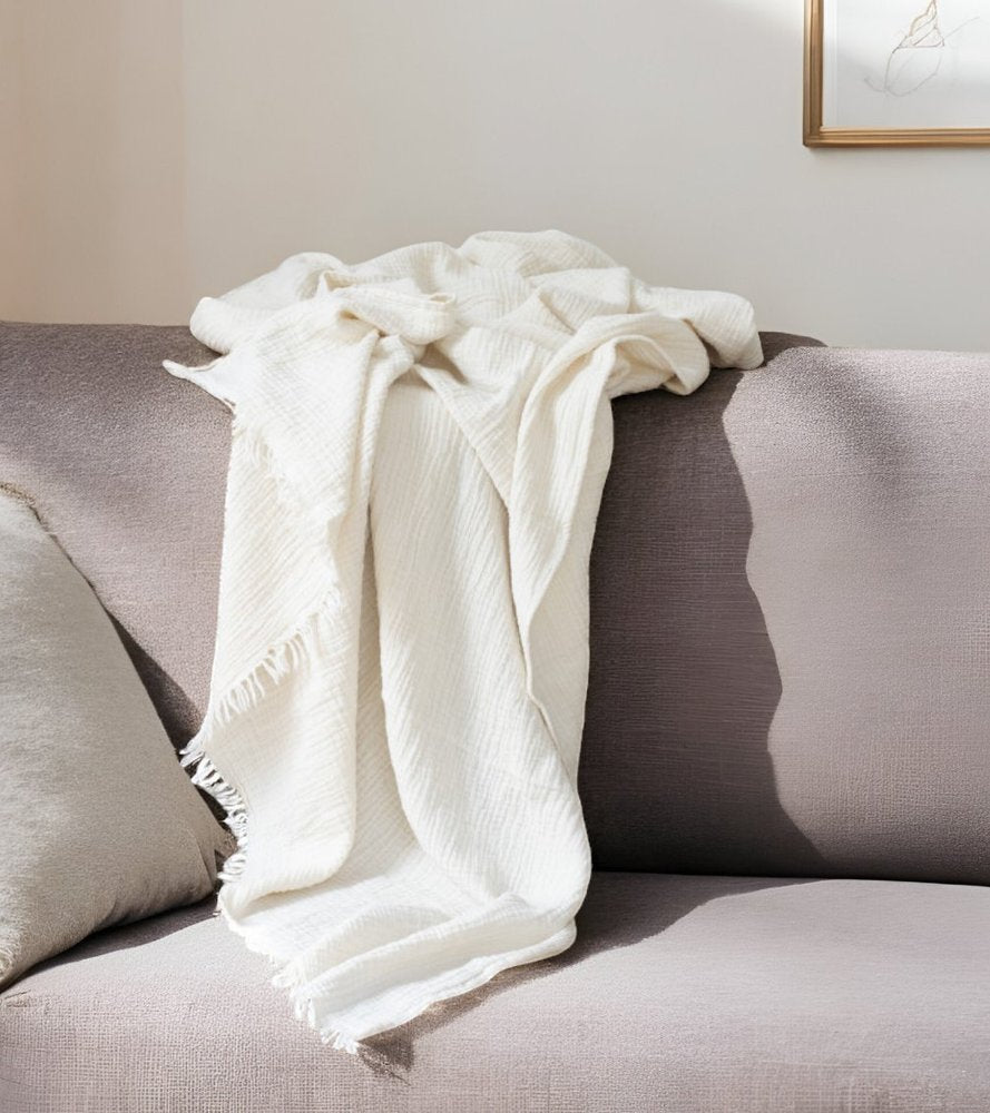 47" X 60" Beige Cotton Woven Turkish Towel Throw Blanket with Fringe HomeRoots
