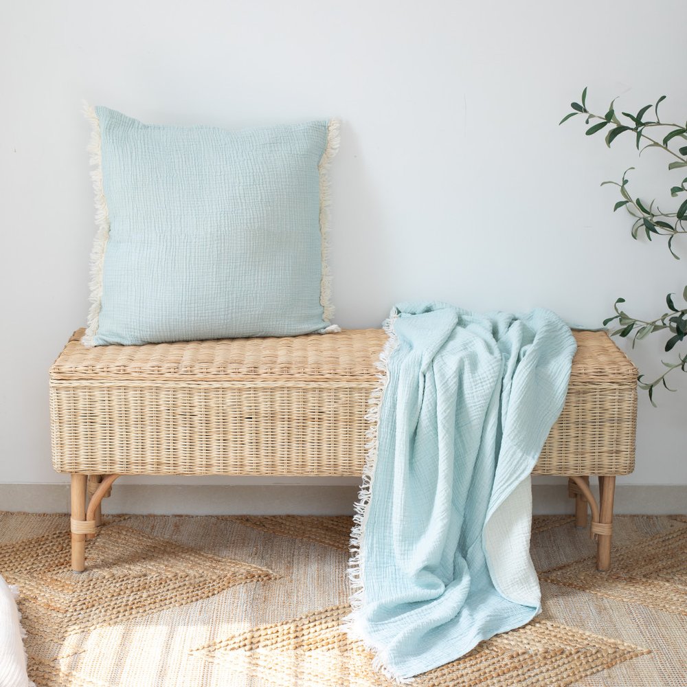 47" X 60" Aqua Cotton Woven Turkish Towel Throw Blanket with Fringe HomeRoots