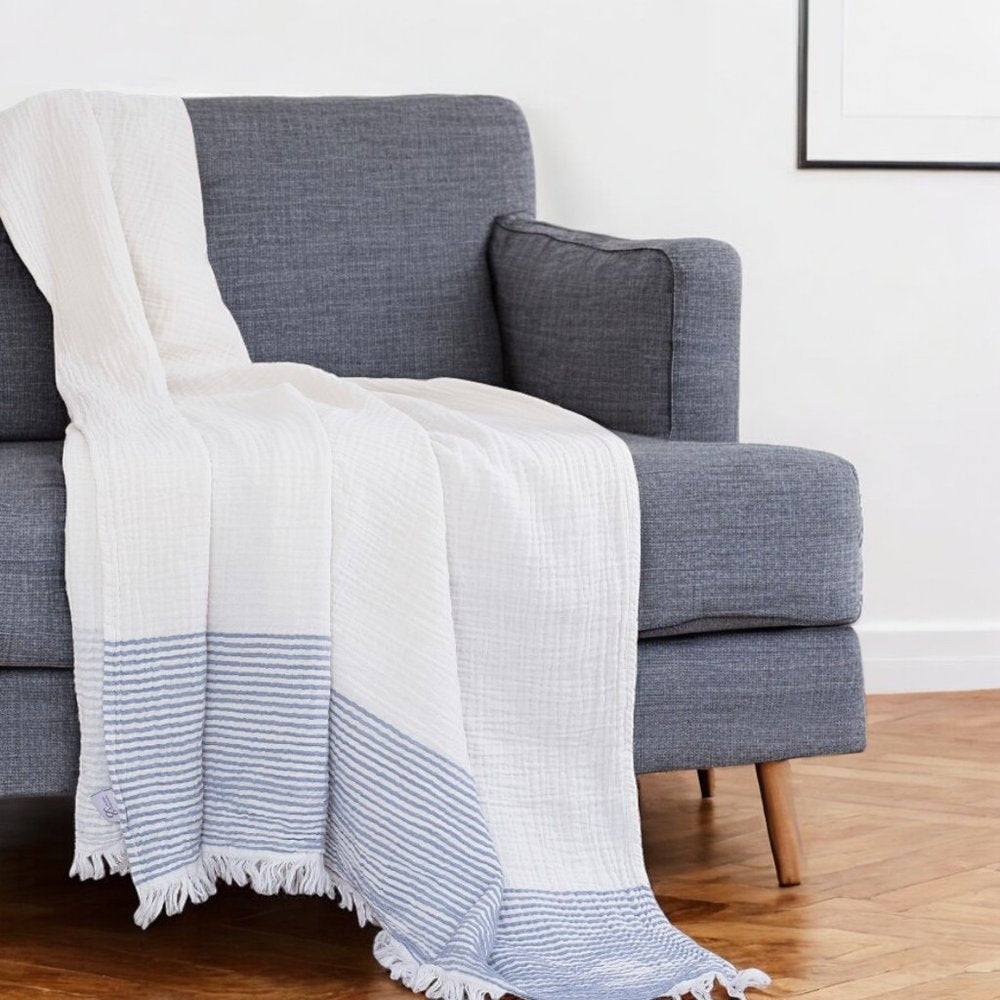 47" X 60" Blue and Ivory Cotton Woven Striped Throw Blanket with Fringe HomeRoots