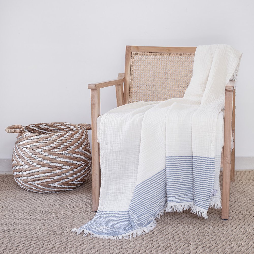 47" X 60" Blue and Ivory Cotton Woven Striped Throw Blanket with Fringe HomeRoots