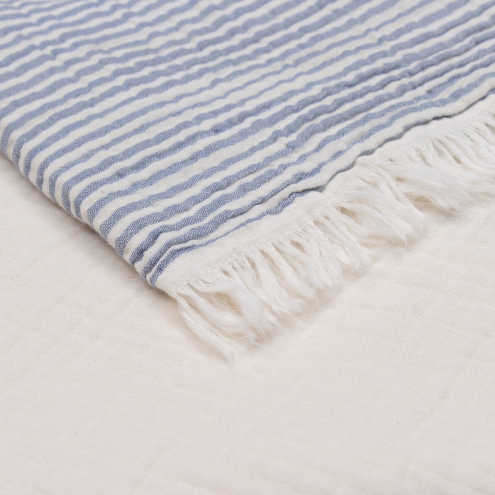 47" X 60" Blue and Ivory Cotton Woven Striped Throw Blanket with Fringe HomeRoots