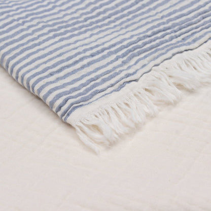 47" X 60" Blue and Ivory Cotton Woven Striped Throw Blanket with Fringe HomeRoots