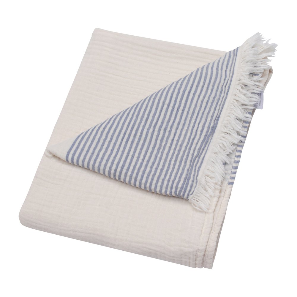 47" X 60" Blue and Ivory Cotton Woven Striped Throw Blanket with Fringe HomeRoots