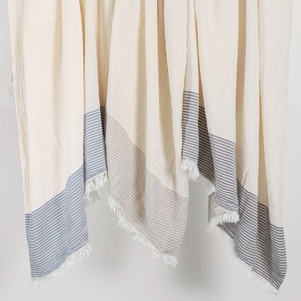 47" X 60" Blue and Ivory Cotton Woven Striped Throw Blanket with Fringe HomeRoots